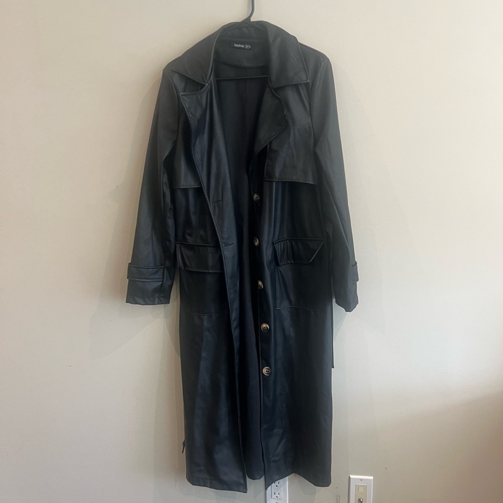 Boohoo black faux leather trench coat